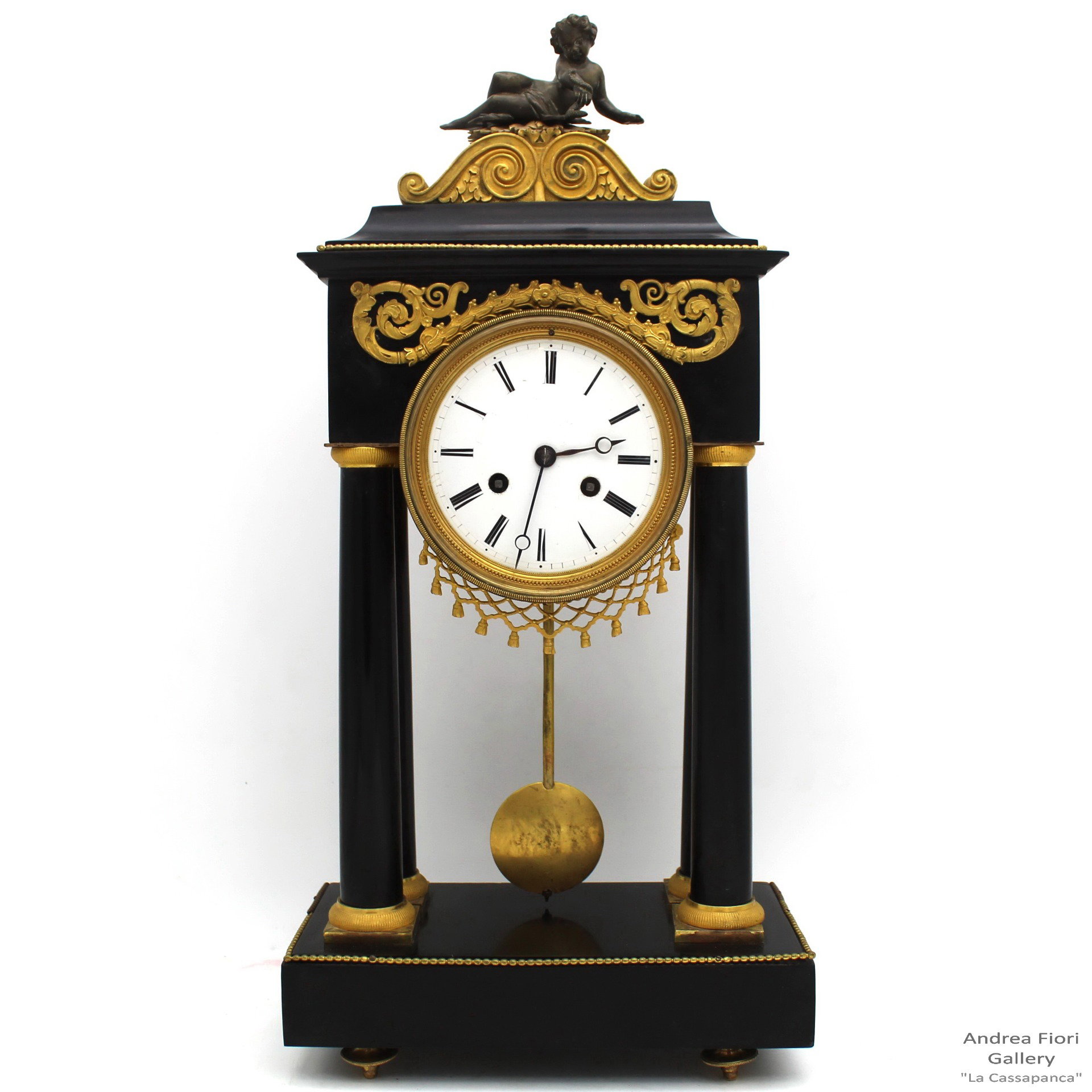 Antico Orologio a Pendolo Portico Direttorio in bronzo dorato e marmo (H.53) - epoca 700 firmato